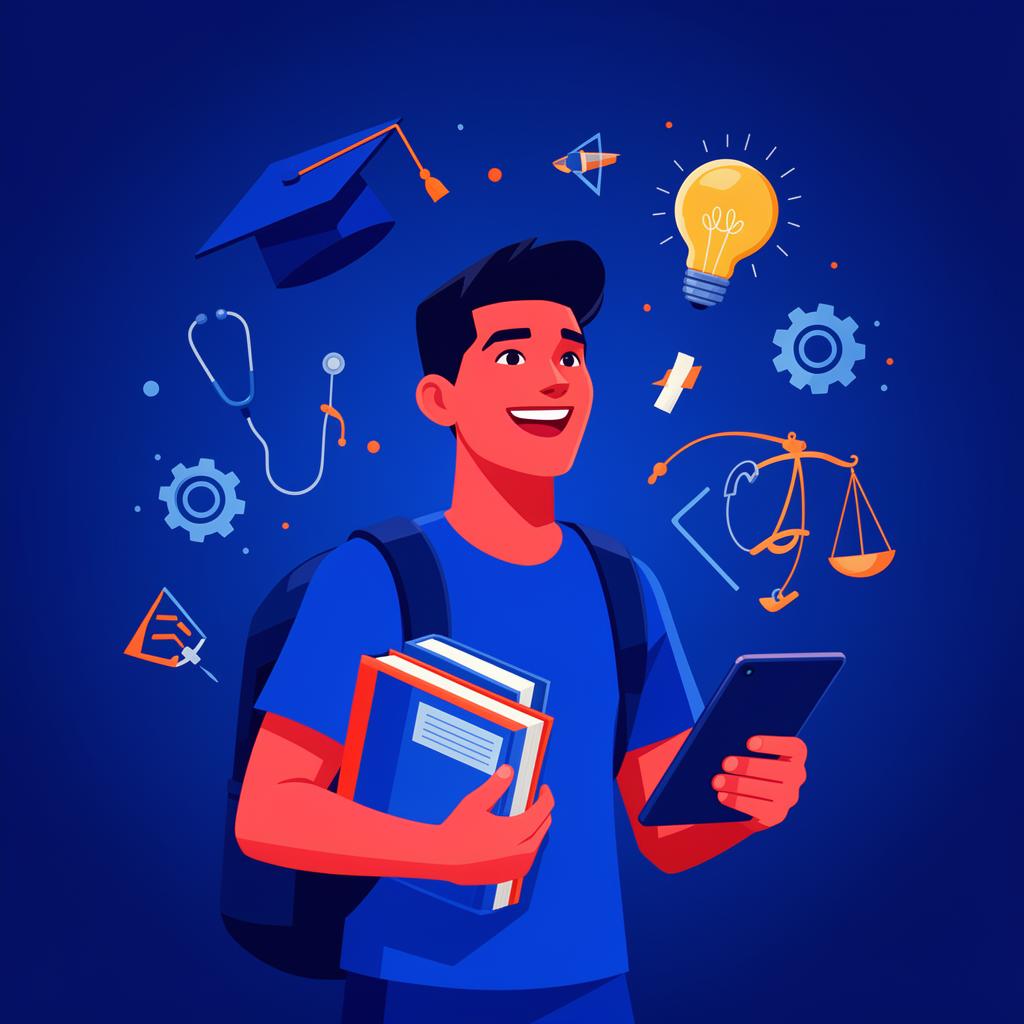 Estudante universitário sorridente com livros e tablet, cercado por símbolos de cursos de graduação